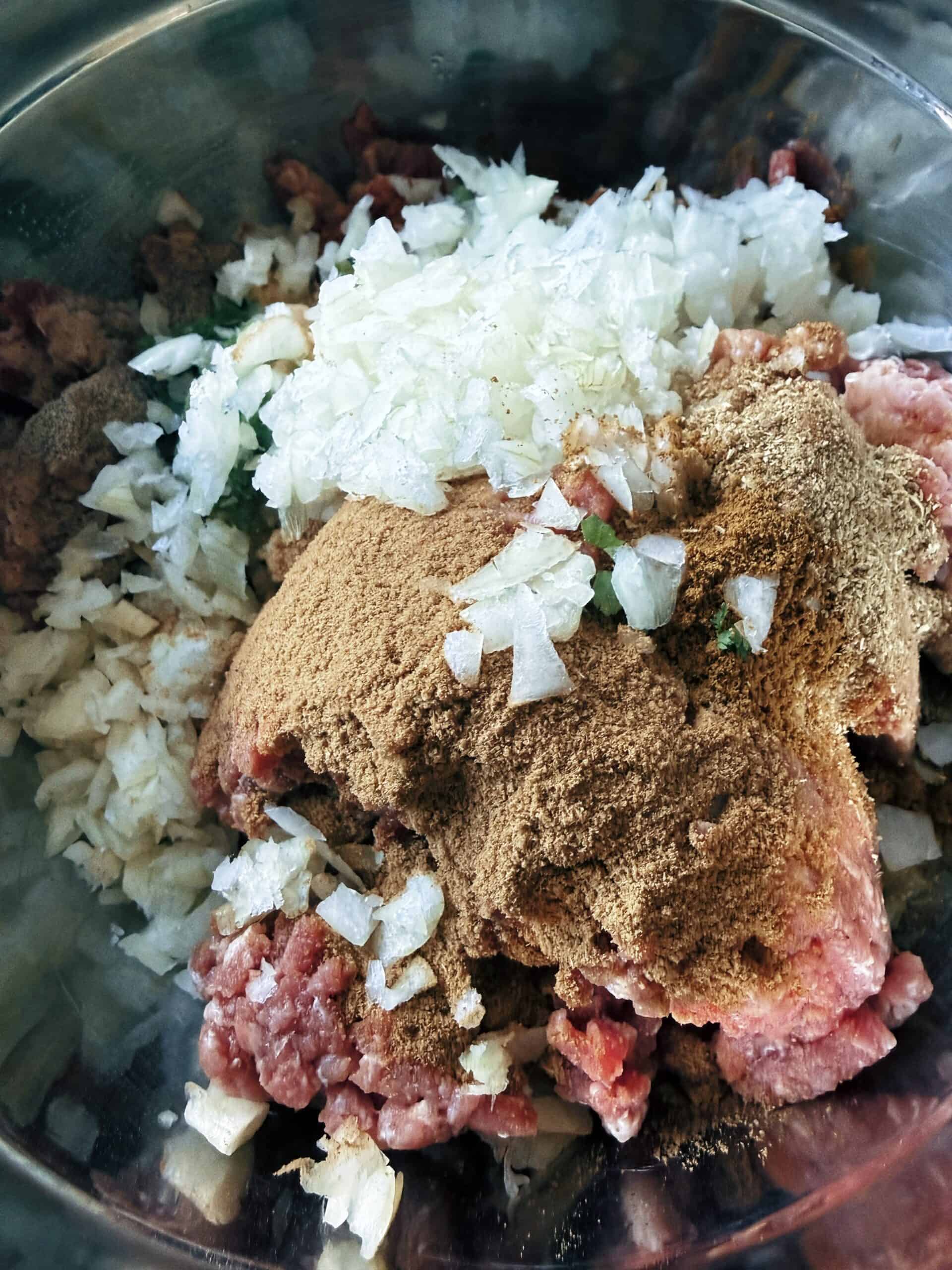 One Pot Seekh Kebab Meatballs and Pulao Seekh kebab meatball ingredients in bowl