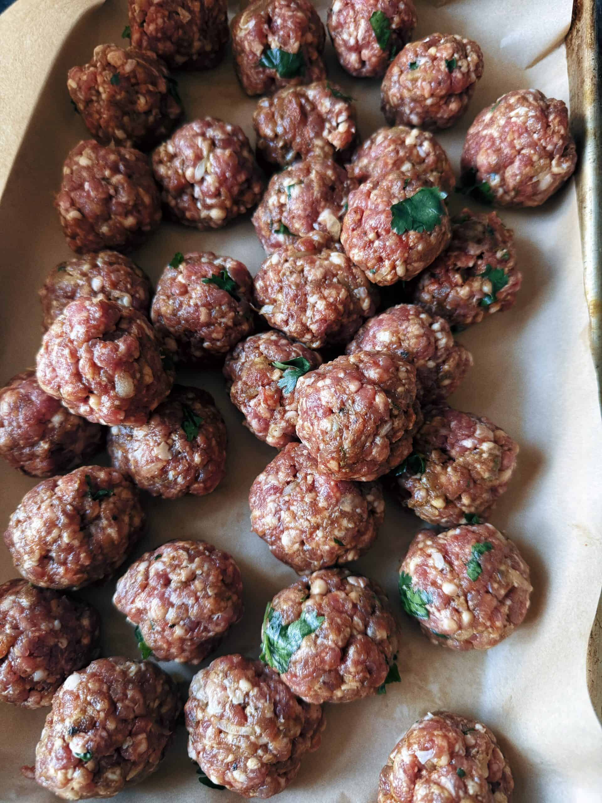 Baked Lebanese-Style Kofta Tray Bake (Lamb or Chicken) Kofte shawarma balls on tray