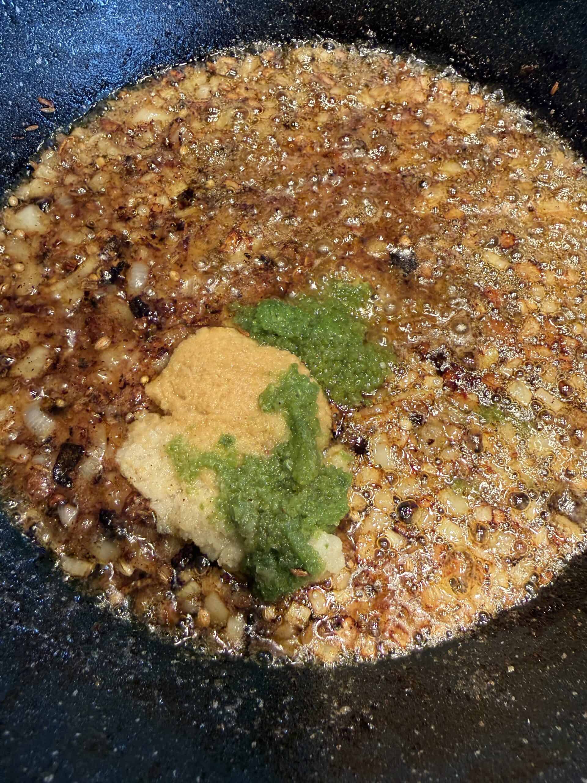 One Pot Seekh Kebab Meatballs and Pulao Garlic, ginger and green chilli added to pot