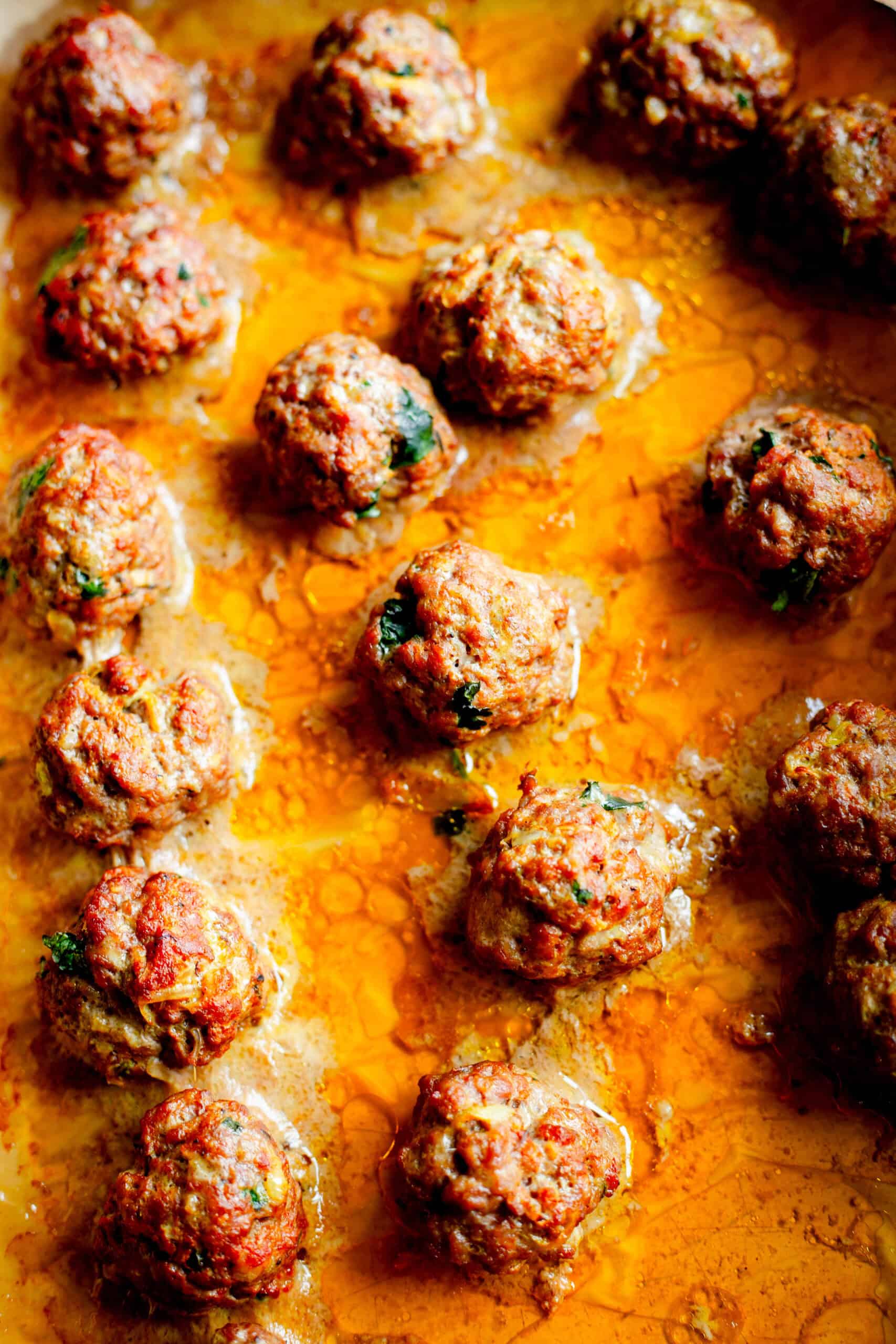 Baked Lebanese-Style Kofta Tray Bake (Lamb or Chicken) Cooked Meatballs on tray