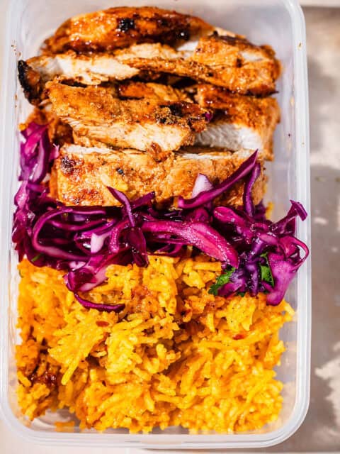 Chicken Doner, Cabbage and Yellow Rice in a tub