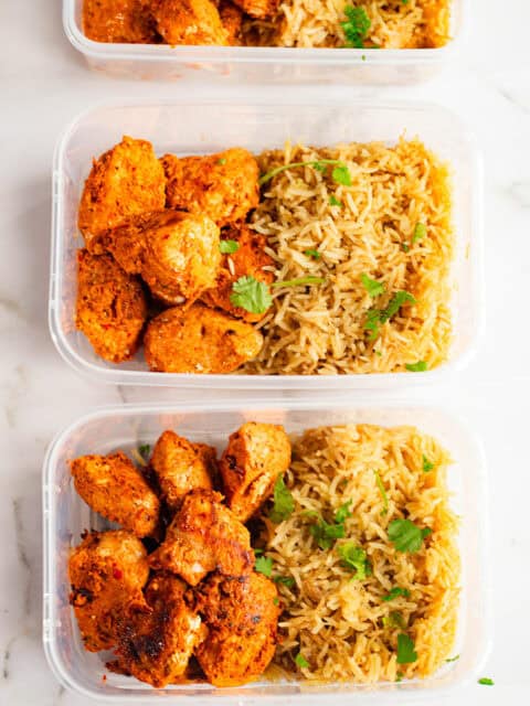 Shish Tawook in rice spread over 3 boxes