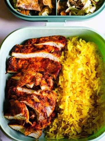 Chicken and rice in meal prep box