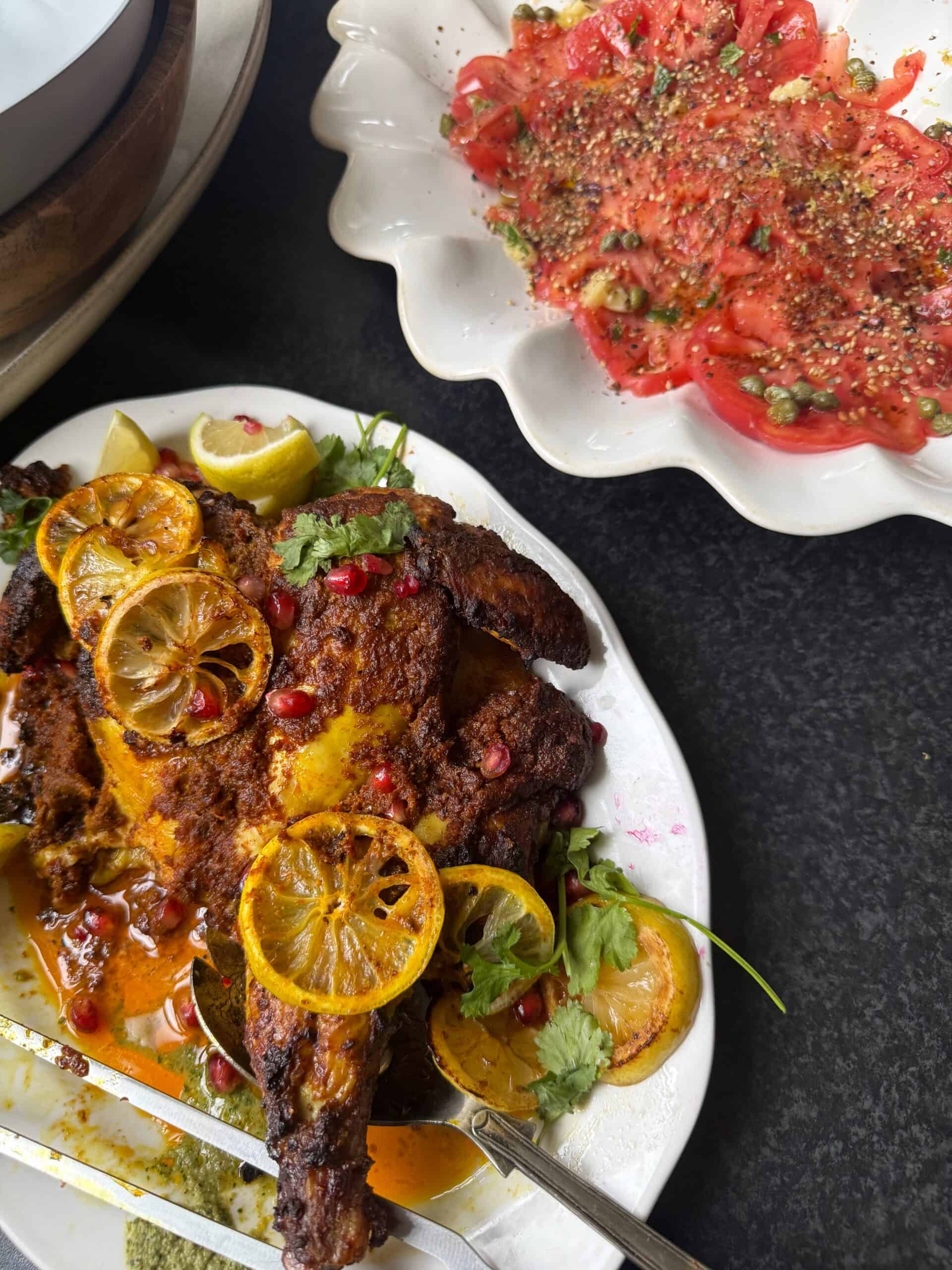 Shawarma Spatchcock Roast Chicken (Easy Middle Eastern Roast Chicken) Roast Chicken with Tomatoes