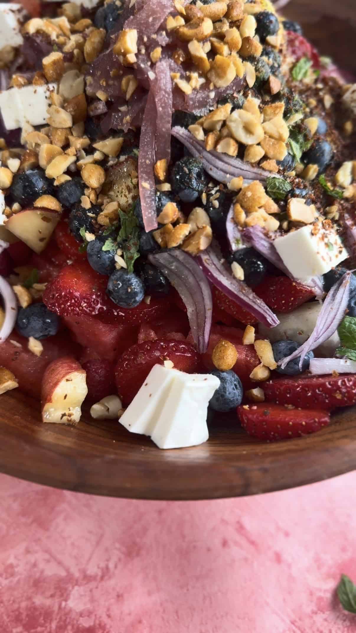 Summer Berry Watermelon Salad with Feta Nuts added to salad