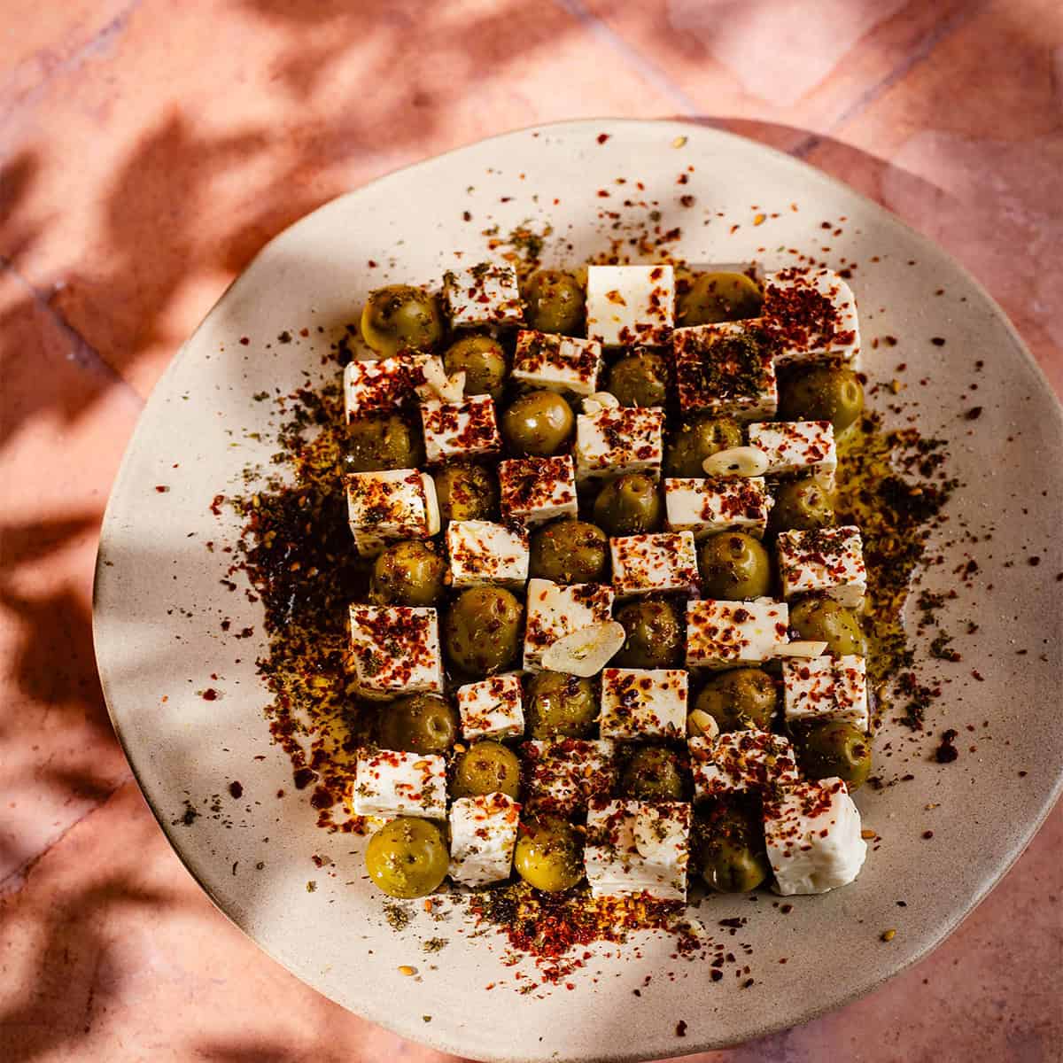Turkish Checkerboard Salad with Feta and Olives feta checker board on plate
