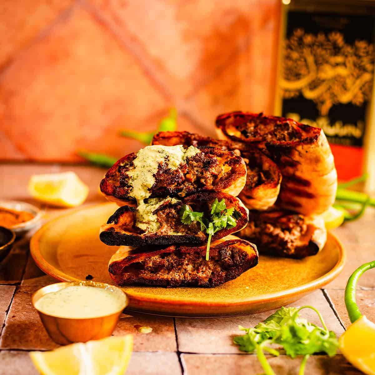 Crispy Lamb Arayes with Tahini Yoghurt Sauce Arayes in plate