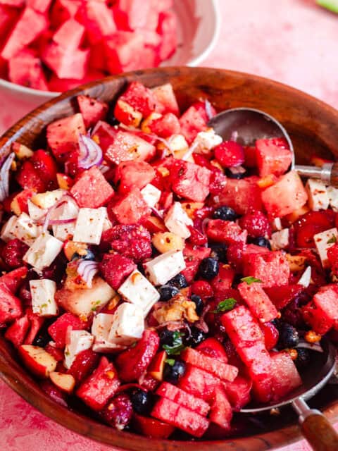 Summer Berry and Watermelon Salad in a bowl