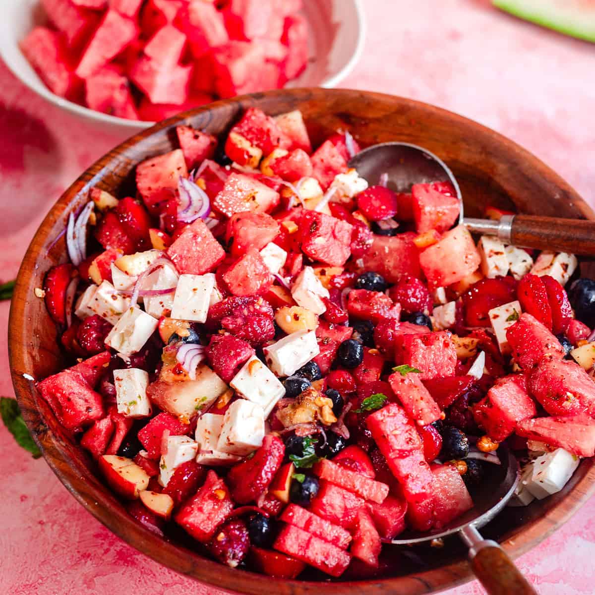 Summer Berry Watermelon Salad with Feta Summer Berry and Watermelon Salad in a bowl