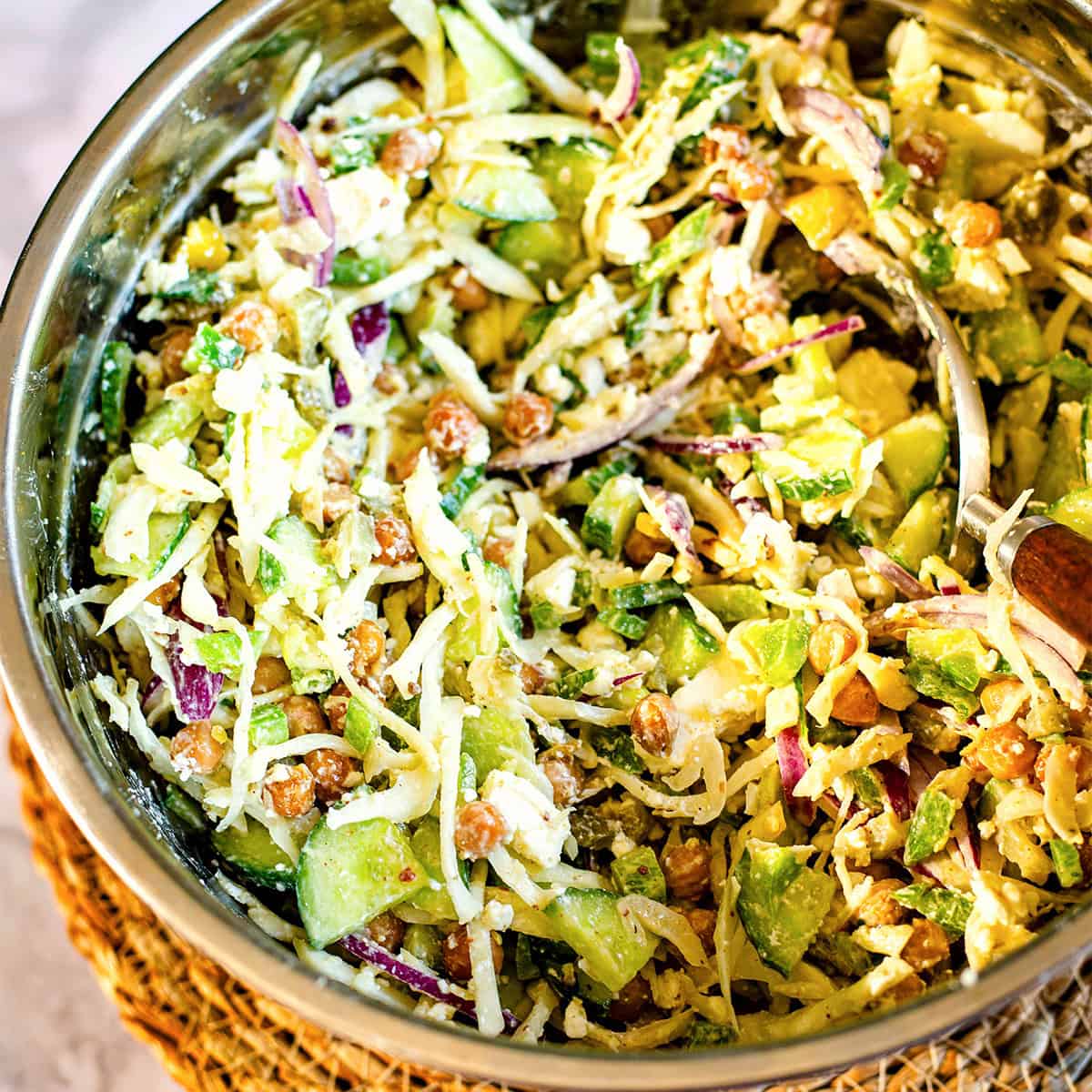 Roast Chickpea Cabbage Salad with Tahini Dressing and Feta Cabbage salad in bowl