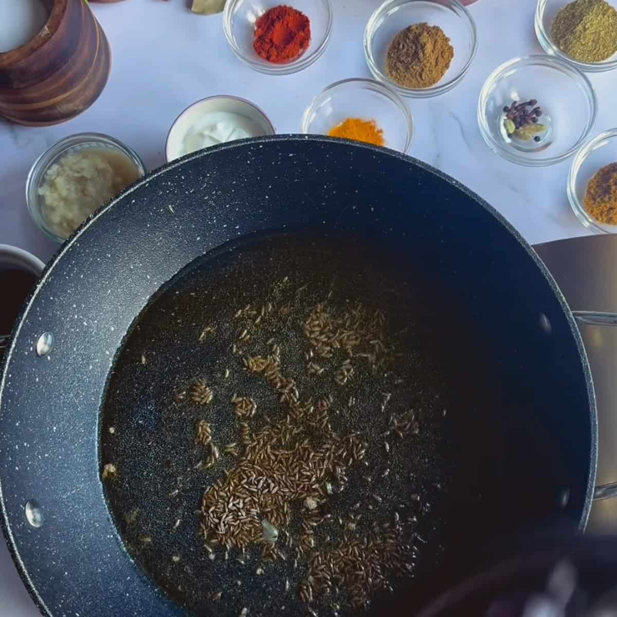 Lamb Kofta Curry (Tender Lamb Meatballs Curry) Cumin seeds added to pan