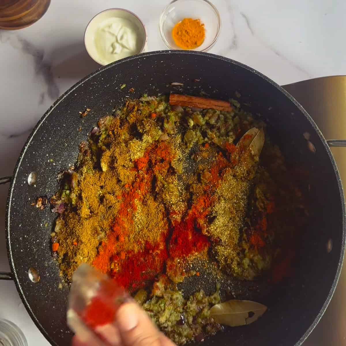 Lamb Kofta Curry (Tender Lamb Meatballs Curry) Spices added to pan