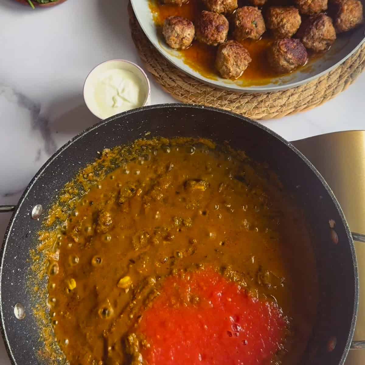 Lamb Kofta Curry (Tender Lamb Meatballs Curry) Tomatoes added to pan