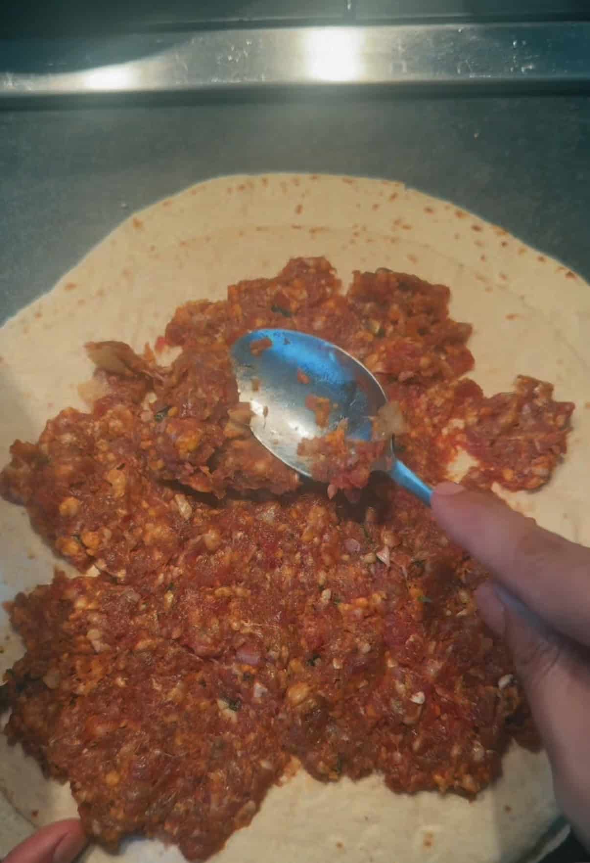 Viral Pinwheel Kebab Wraps Lamb mixture on wrap