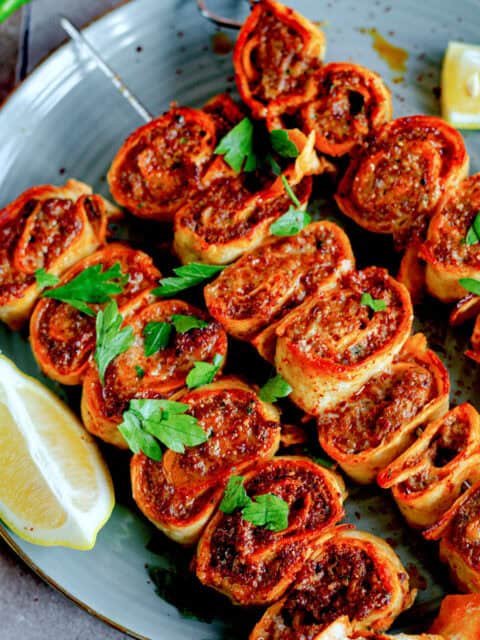 Pinwheel kebabs on plate