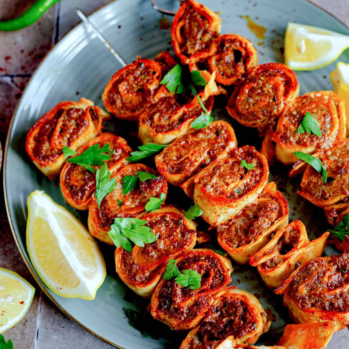 Viral Pinwheel Kebab Wraps Pinwheel kebabs on plate