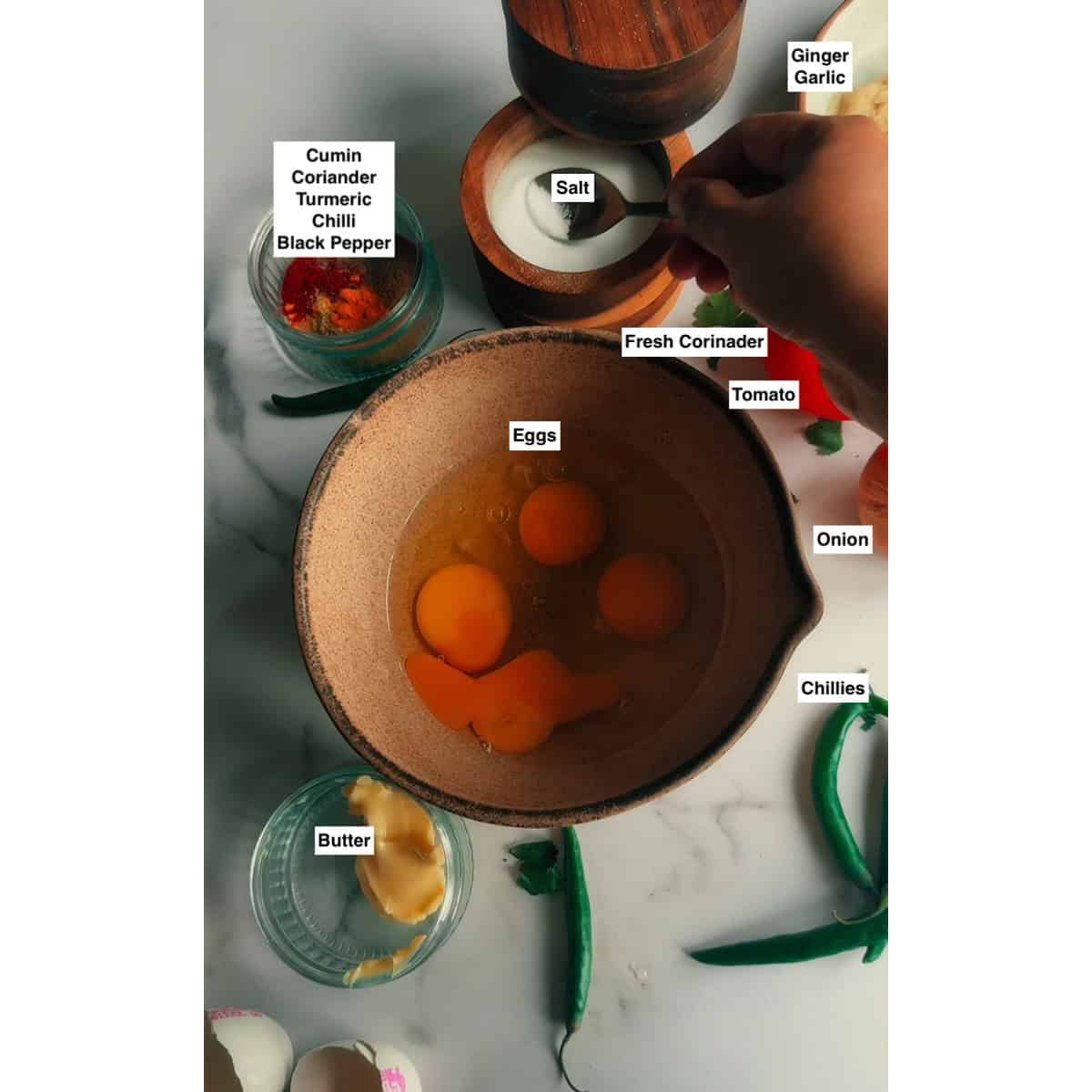 Labelled ingredients on table