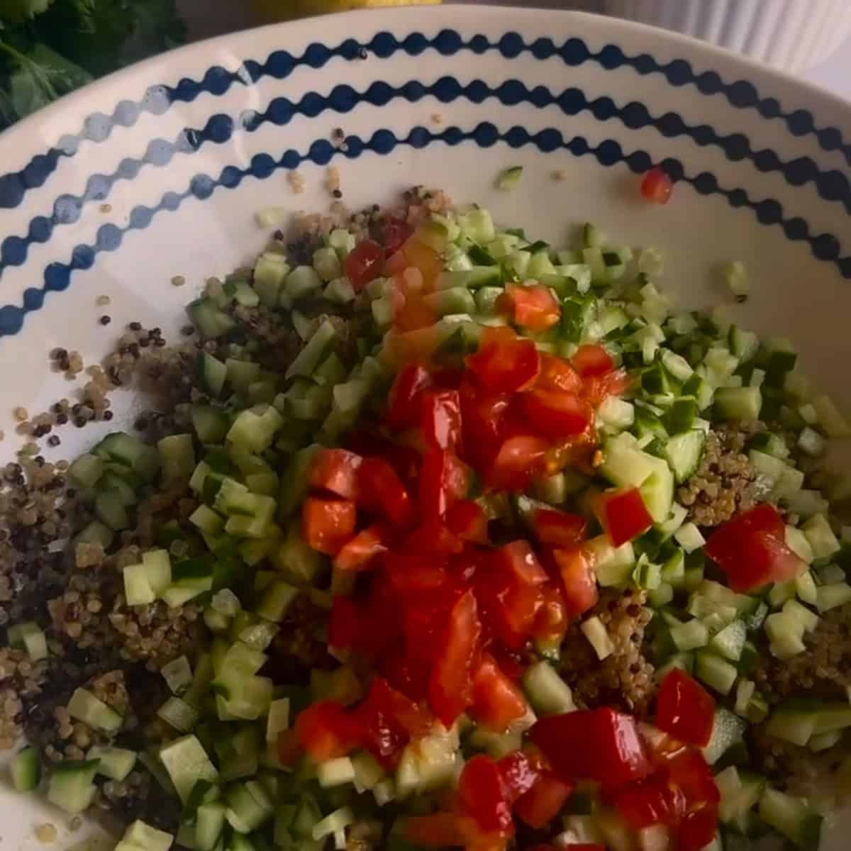 Tomatoes added to bowl
