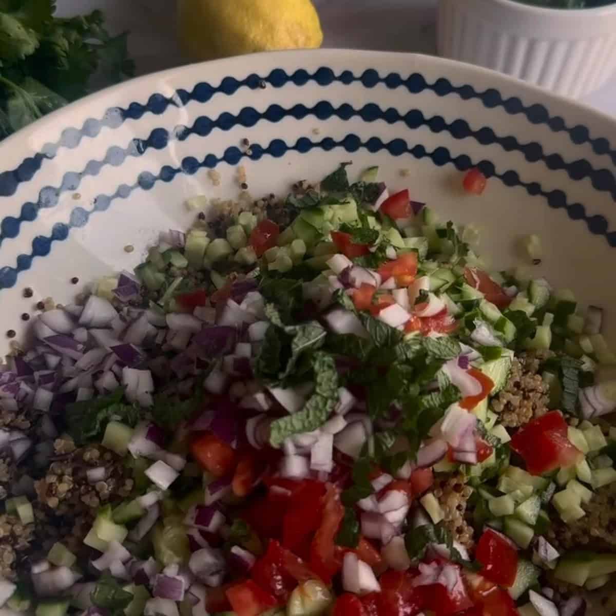 Mint and Parsley added to bowl