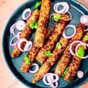 Chicken Seekh Kebab in plate with red onions