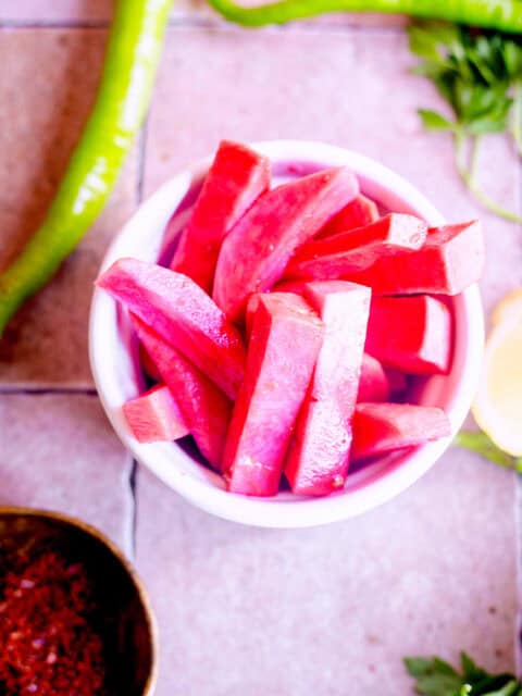 Pink Pickled Turnips in jar