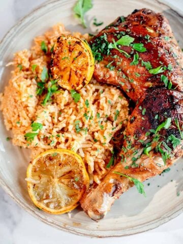 Shawarma chicken and rice in plate